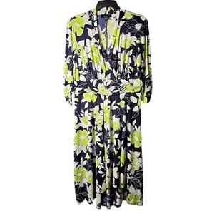 Perceptions 1X Plus Navy Floral 3/4 Slvs V-Neck Pullover Midi Dress Ruched Waist